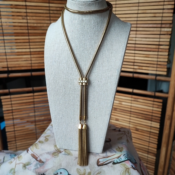 Stella and Dot Signed Brass Tone Long Slide Snake Chain Necklace Dual Tassels - Picture 2 of 10